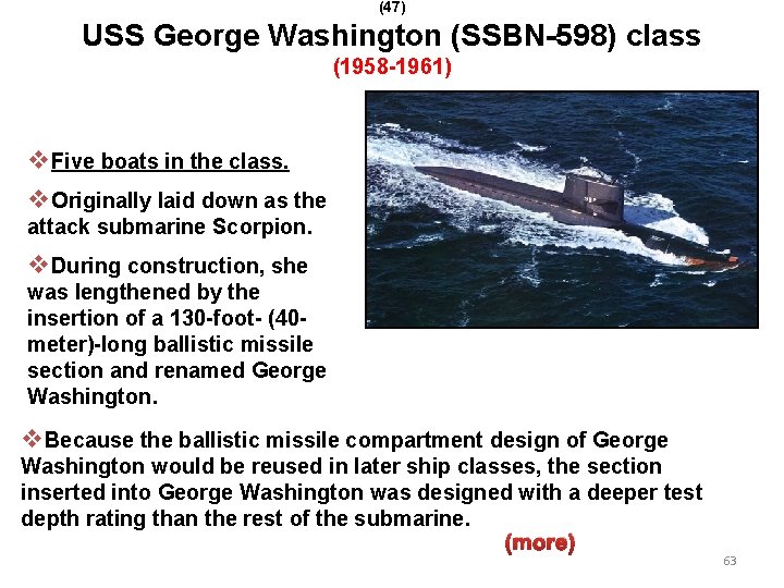 (47) USS George Washington (SSBN-598) class (1958 -1961) v. Five boats in the class.