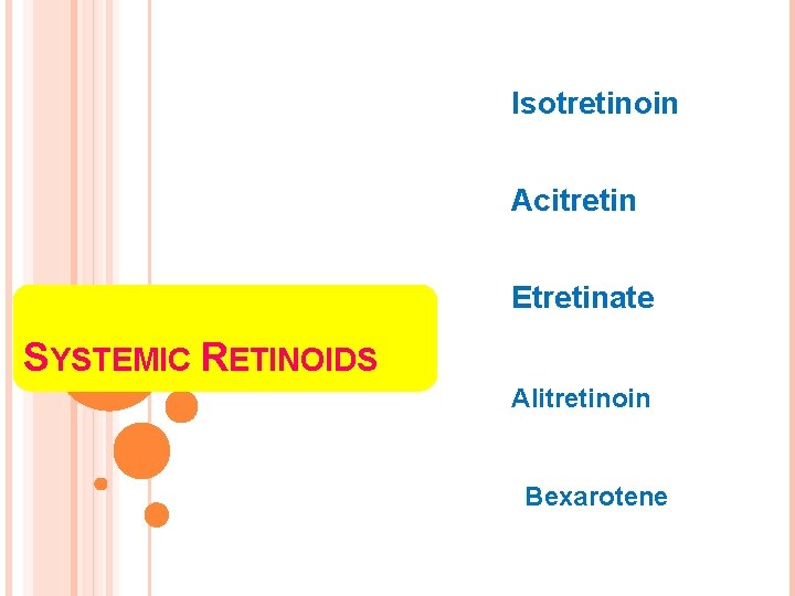 Isotretinoin Acitretin Etretinate SYSTEMIC RETINOIDS Alitretinoin Bexarotene 