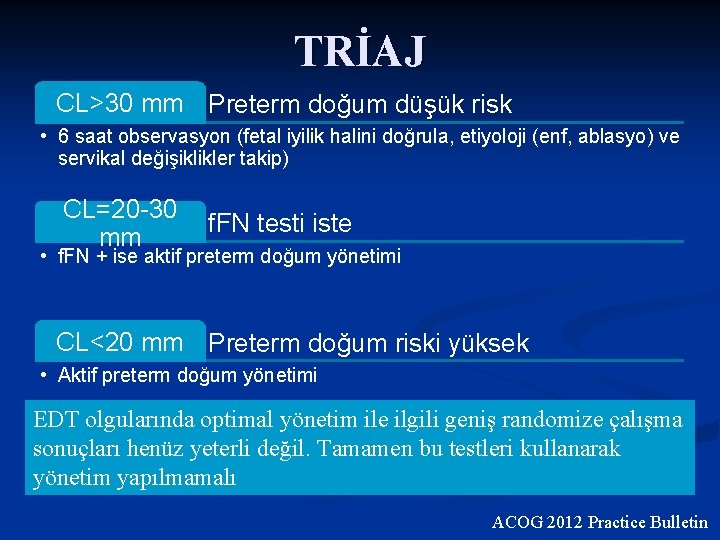 TRİAJ CL>30 mm Preterm doğum düşük risk • 6 saat observasyon (fetal iyilik halini