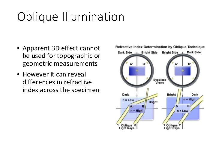 Oblique Illumination • Apparent 3 D effect cannot be used for topographic or geometric