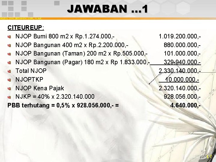 JAWABAN … 1 CITEUREUP: NJOP Bumi 800 m 2 x Rp. 1. 274. 000,