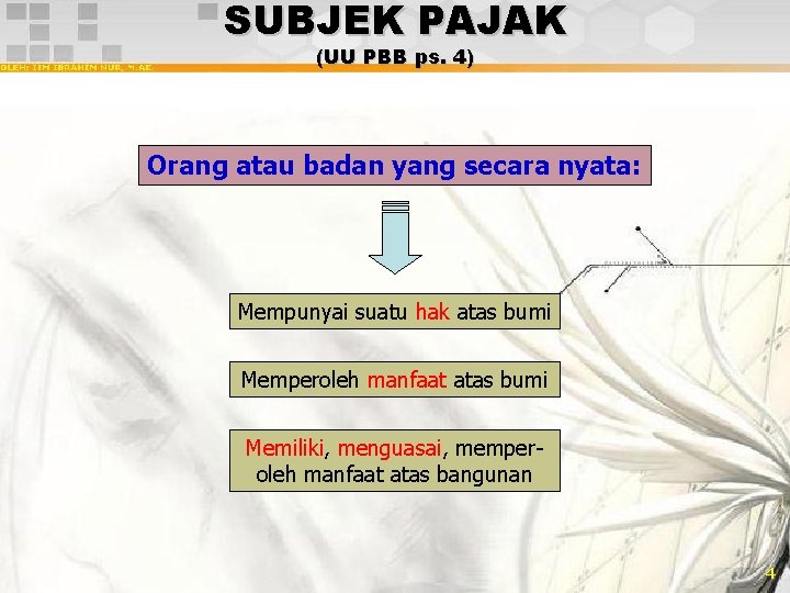 SUBJEK PAJAK (UU PBB ps. 4) Orang atau badan yang secara nyata: Mempunyai suatu