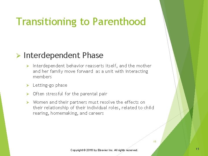 Transitioning to Parenthood Ø Interdependent Phase Ø Interdependent behavior reasserts itself, and the mother