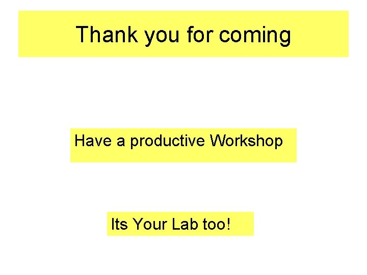 Thank you for coming Have a productive Workshop Its Your Lab too! 