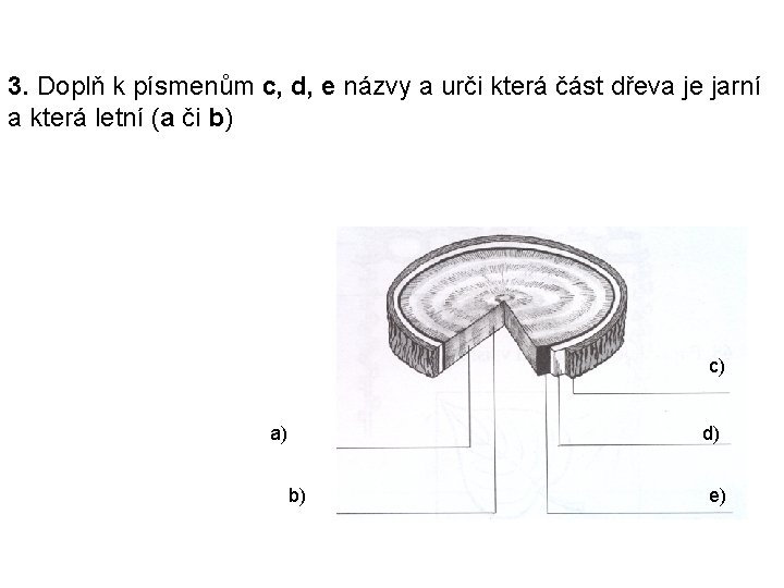 3. Doplň k písmenům c, d, e názvy a urči která část dřeva je