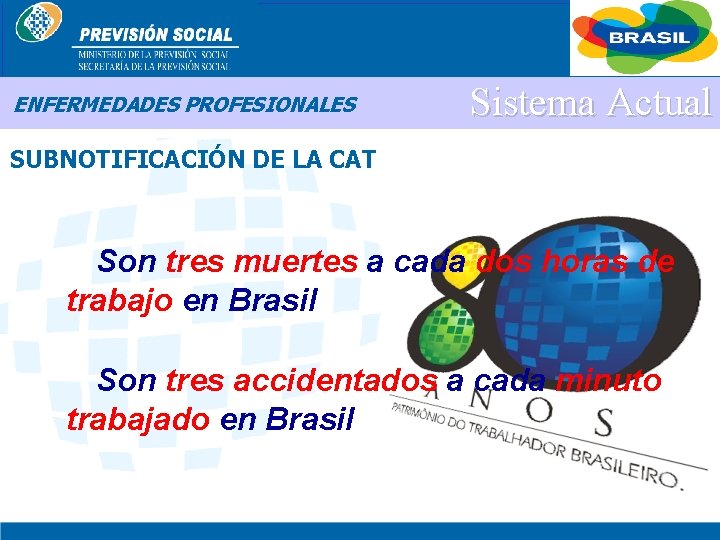 BRASIL ENFERMEDADES PROFESIONALES Sistema Actual SUBNOTIFICACIÓN DE LA CAT Son tres muertes a cada