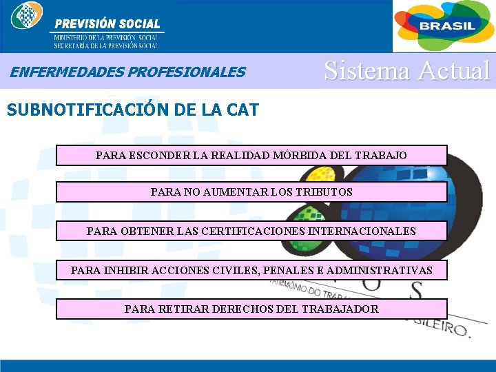 BRASIL ENFERMEDADES PROFESIONALES Sistema Actual SUBNOTIFICACIÓN DE LA CAT PARA ESCONDER LA REALIDAD MÓRBIDA