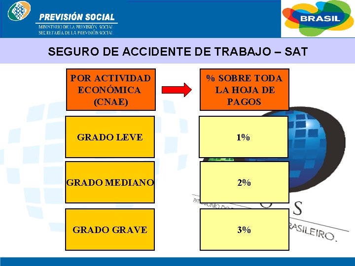 BRASIL SEGURO DE ACCIDENTE DE TRABAJO – SAT POR ACTIVIDAD ECONÓMICA (CNAE) % SOBRE