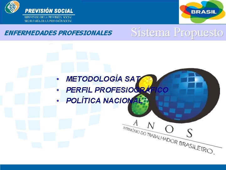 BRASIL ENFERMEDADES PROFESIONALES Sistema Propuesto • METODOLOGÍA SAT • PERFIL PROFESIOGRÁFICO • POLÍTICA NACIONAL