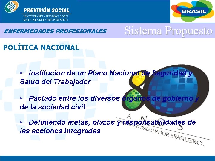 BRASIL ENFERMEDADES PROFESIONALES Sistema Propuesto POLÍTICA NACIONAL • Institución de un Plano Nacional de