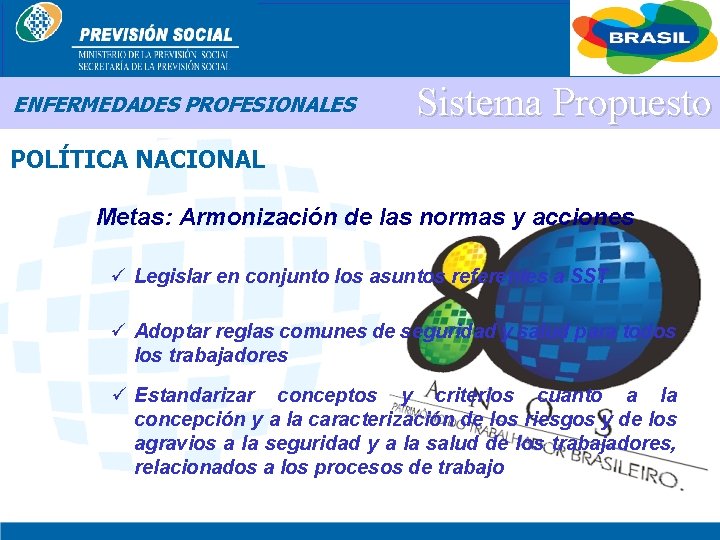 BRASIL ENFERMEDADES PROFESIONALES Sistema Propuesto POLÍTICA NACIONAL Metas: Armonización de las normas y acciones