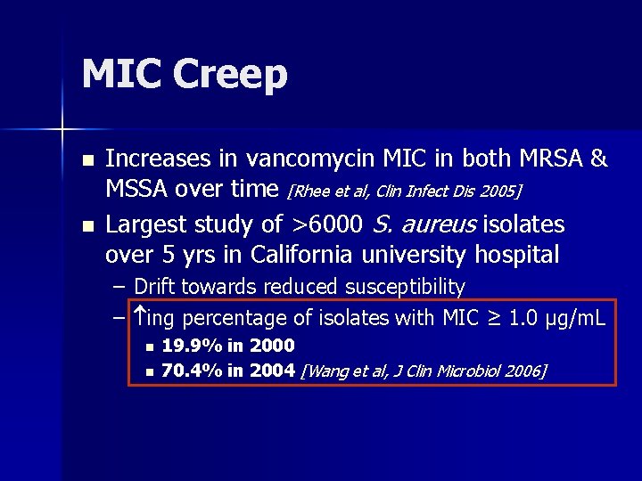 MIC Creep n n Increases in vancomycin MIC in both MRSA & MSSA over