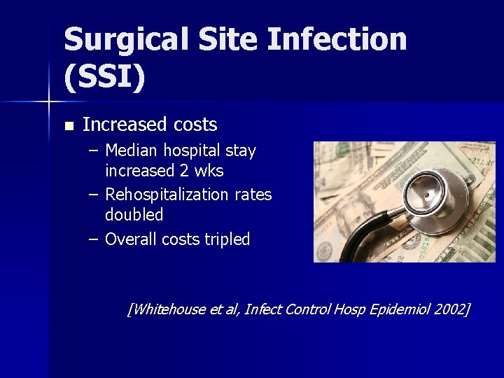 Surgical Site Infection (SSI) n Increased costs – Median hospital stay increased 2 wks