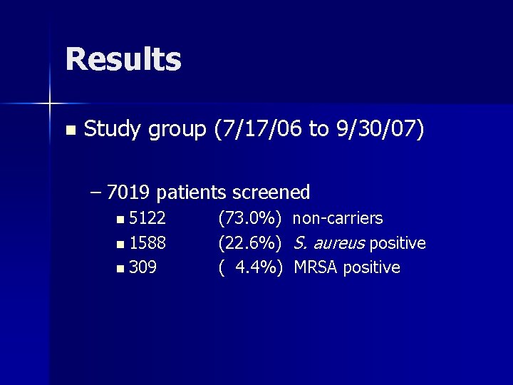 Results n Study group (7/17/06 to 9/30/07) – 7019 patients screened n 5122 n