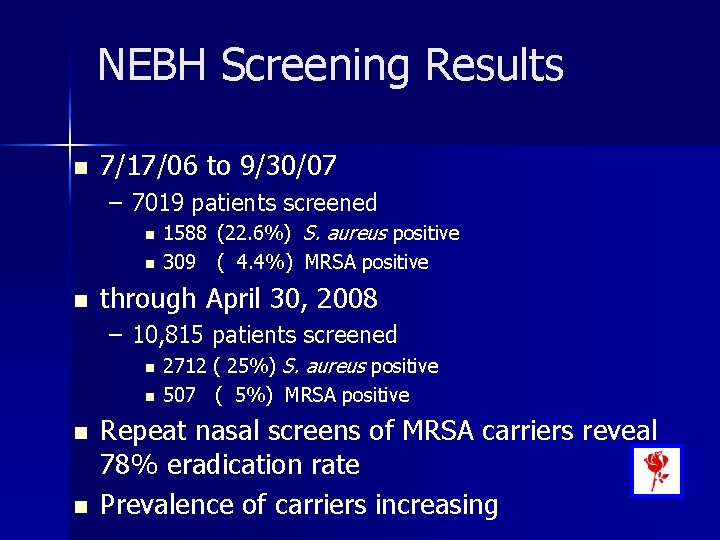 NEBH Screening Results n 7/17/06 to 9/30/07 – 7019 patients screened n n n