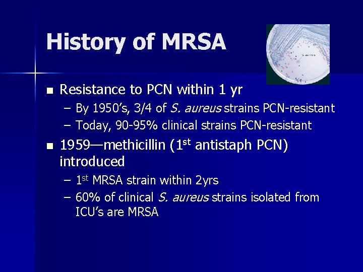 History of MRSA n Resistance to PCN within 1 yr – By 1950’s, 3/4