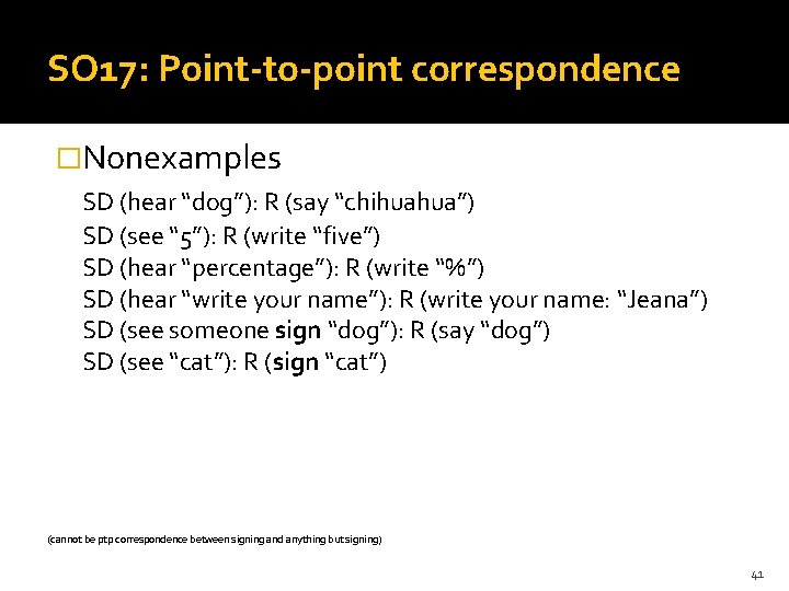 SO 17: Point-to-point correspondence �Nonexamples SD (hear “dog”): R (say “chihuahua”) SD (see “