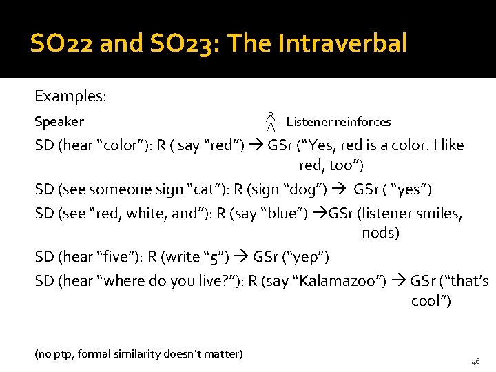 SO 22 and SO 23: The Intraverbal Examples: Speaker Listener reinforces SD (hear “color”):