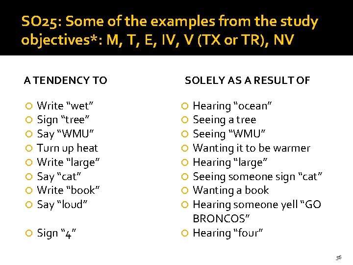 SO 25: Some of the examples from the study objectives*: M, T, E, IV,