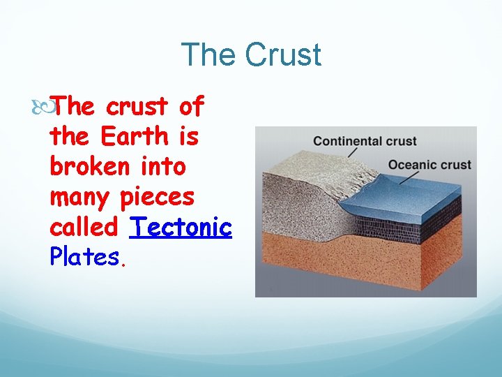The Crust The crust of the Earth is broken into many pieces called Tectonic