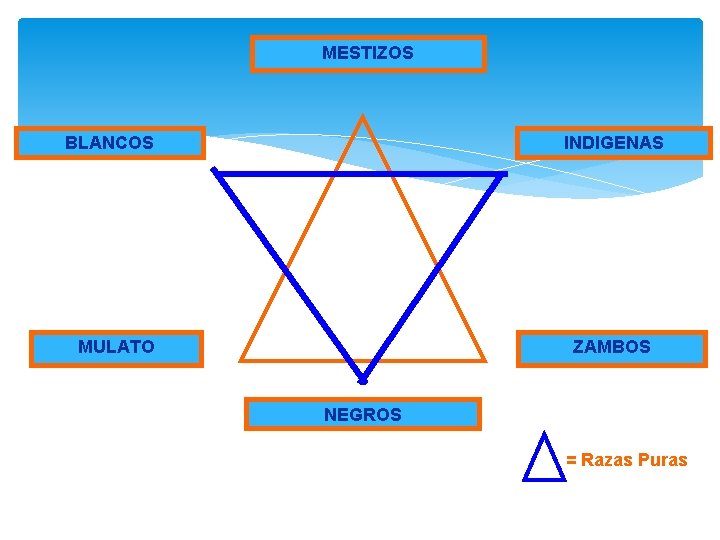 MESTIZOS BLANCOS INDIGENAS MULATO ZAMBOS NEGROS = Razas Puras 