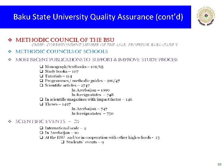 Baku State University Quality Assurance (cont’d) 33 