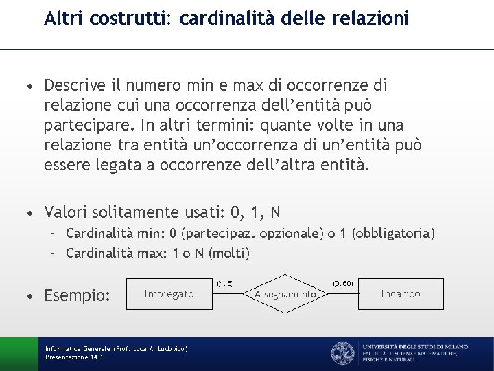 Altri costrutti: cardinalità delle relazioni • Descrive il numero min e max di occorrenze