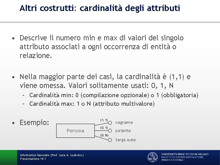 Altri costrutti: cardinalità degli attributi • Descrive il numero min e max di valori