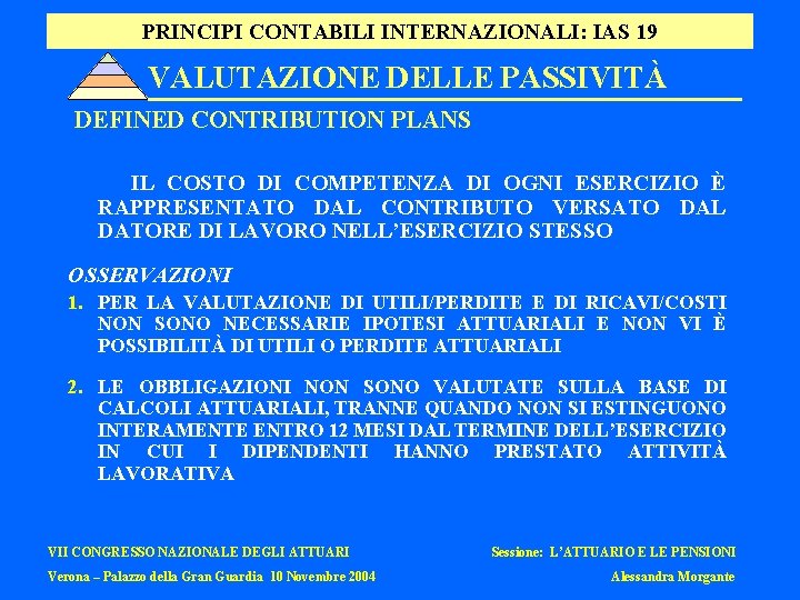 PRINCIPI CONTABILI INTERNAZIONALI: IAS 19 VALUTAZIONE DELLE PASSIVITÀ DEFINED CONTRIBUTION PLANS IL COSTO DI