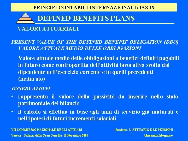 PRINCIPI CONTABILI INTERNAZIONALI: IAS 19 DEFINED BENEFITS PLANS VALORI ATTUARIALI PRESENT VALUE OF THE