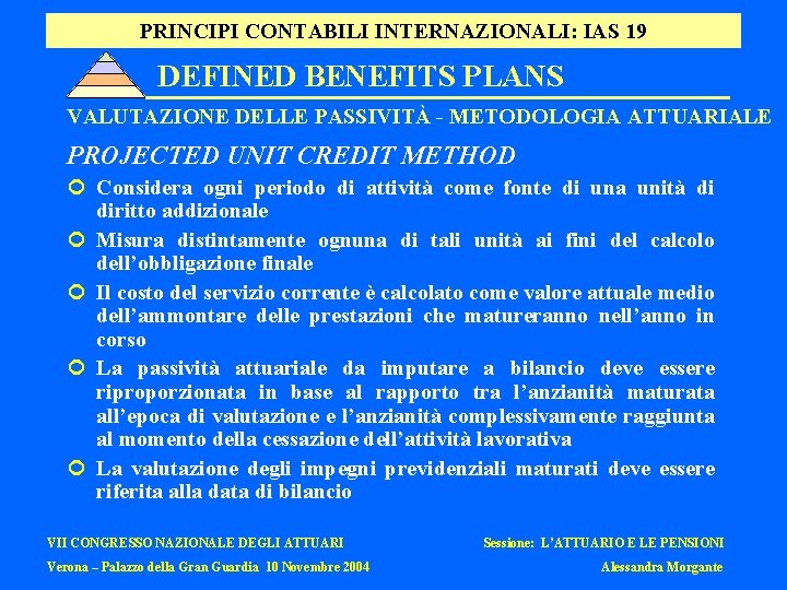 PRINCIPI CONTABILI INTERNAZIONALI: IAS 19 DEFINED BENEFITS PLANS VALUTAZIONE DELLE PASSIVITÀ - METODOLOGIA ATTUARIALE