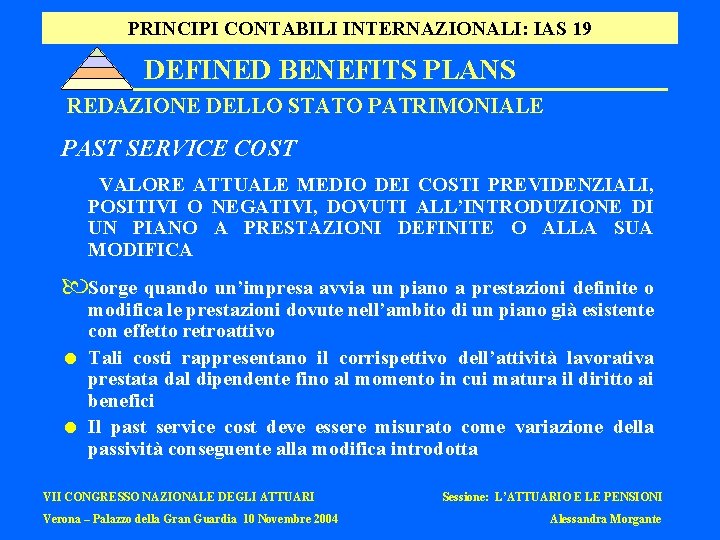 PRINCIPI CONTABILI INTERNAZIONALI: IAS 19 DEFINED BENEFITS PLANS REDAZIONE DELLO STATO PATRIMONIALE PAST SERVICE