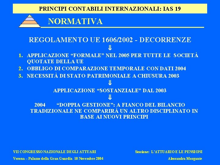 PRINCIPI CONTABILI INTERNAZIONALI: IAS 19 NORMATIVA REGOLAMENTO UE 1606/2002 - DECORRENZE 1. APPLICAZIONE “FORMALE”