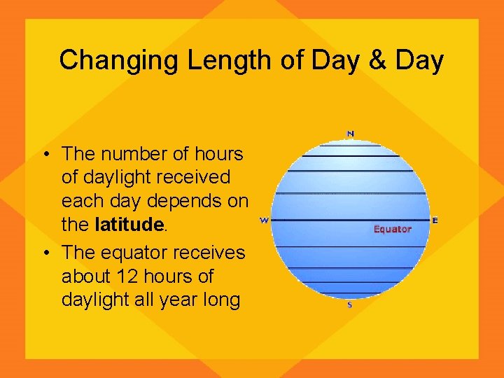 Changing Length of Day & Day • The number of hours of daylight received