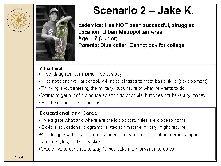 Scenario 2 – Jake K. cademics: Has NOT been successful, struggles Location: Urban Metropolitan