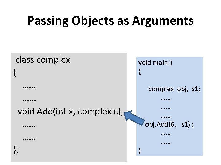 Passing Objects as Arguments class complex { ……. …. . void Add(int x, complex