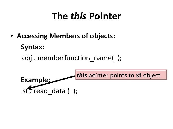 The this Pointer • Accessing Members of objects: Syntax: obj. memberfunction_name( ); this pointer