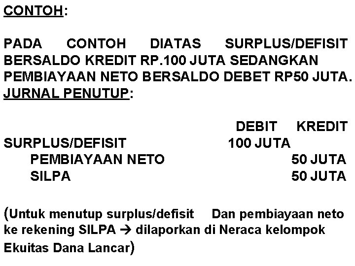 CONTOH: PADA CONTOH DIATAS SURPLUS/DEFISIT BERSALDO KREDIT RP. 100 JUTA SEDANGKAN PEMBIAYAAN NETO BERSALDO