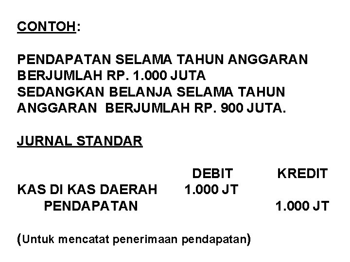 CONTOH: PENDAPATAN SELAMA TAHUN ANGGARAN BERJUMLAH RP. 1. 000 JUTA SEDANGKAN BELANJA SELAMA TAHUN