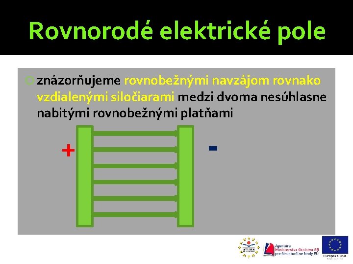 Rovnorodé elektrické pole znázorňujeme rovnobežnými navzájom rovnako vzdialenými siločiarami medzi dvoma nesúhlasne nabitými rovnobežnými