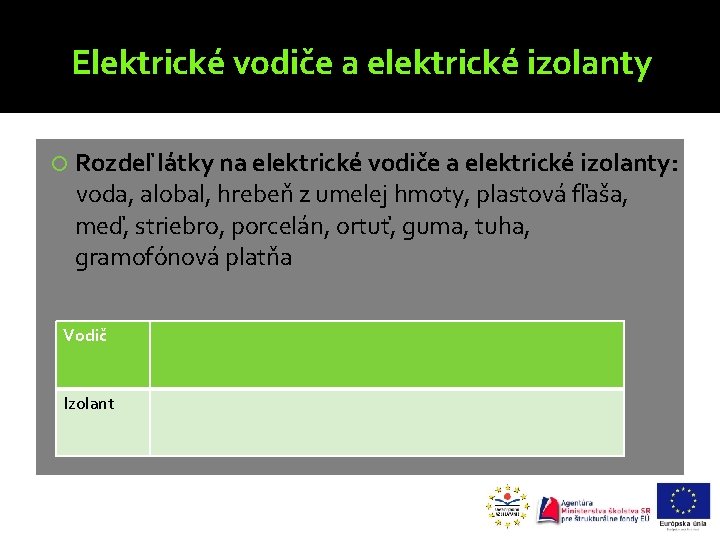 Elektrické vodiče a elektrické izolanty Rozdeľ látky na elektrické vodiče a elektrické izolanty: voda,