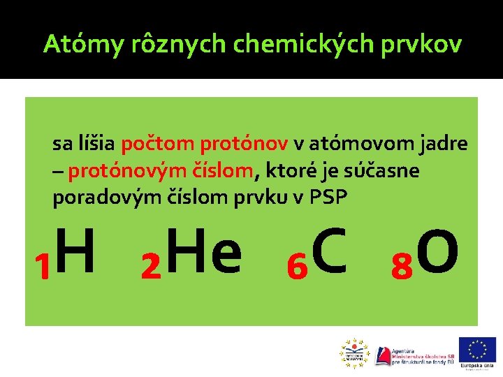 Atómy rôznych chemických prvkov sa líšia počtom protónov v atómovom jadre – protónovým číslom,