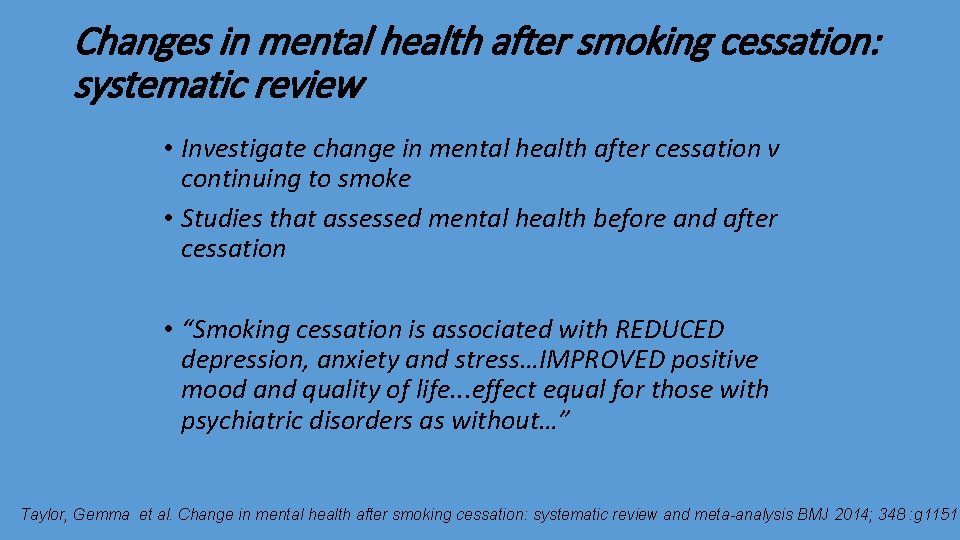 Changes in mental health after smoking cessation: systematic review • Investigate change in mental