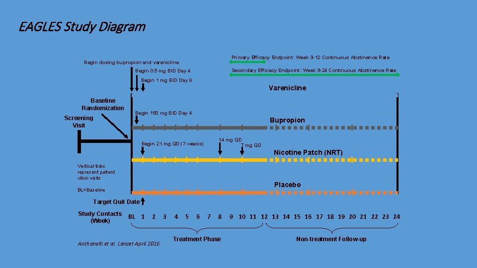 EAGLES Study Diagram Primary Efficacy Endpoint: Week 9 -12 Continuous Abstinence Rate Begin dosing