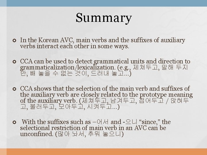 Summary In the Korean AVC, main verbs and the suffixes of auxiliary verbs interact