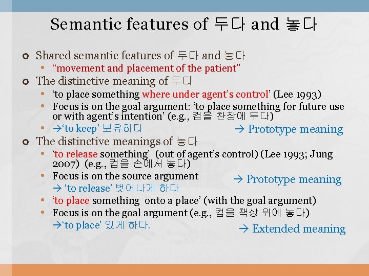 Semantic features of 두다 and 놓다 Shared semantic features of 두다 and 놓다 The