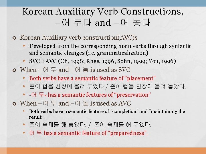 Korean Auxiliary Verb Constructions, – 어 두다 and – 어 놓다 Korean Auxiliary verb