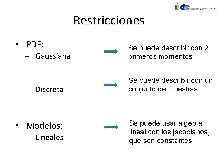 Restricciones • PDF: – Gaussiana Se puede describir con 2 primeros momentos – Discreta