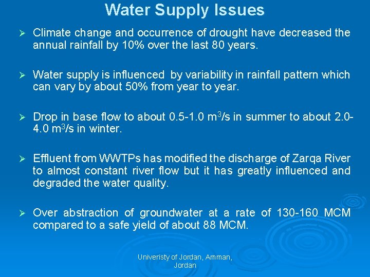 Water Supply Issues Ø Climate change and occurrence of drought have decreased the annual