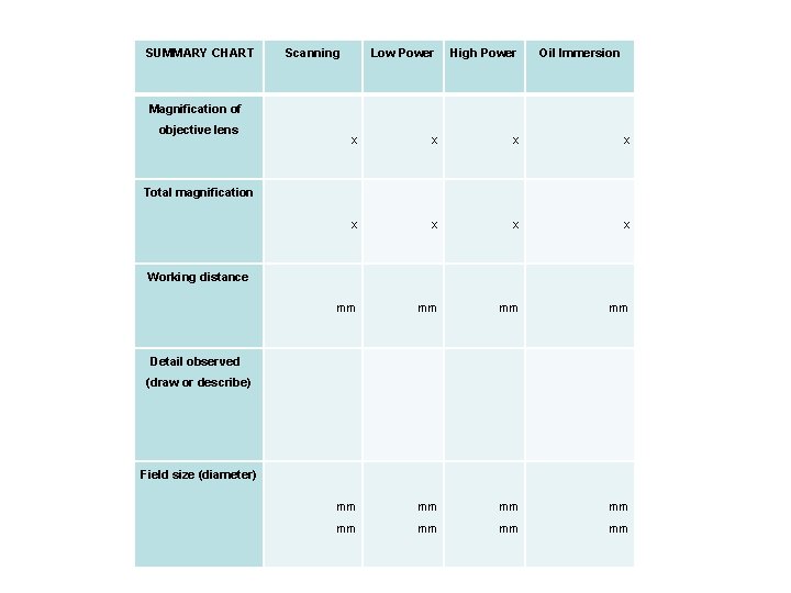  SUMMARY CHART Magnification of objective lens Total magnification Working distance Scanning Low Power